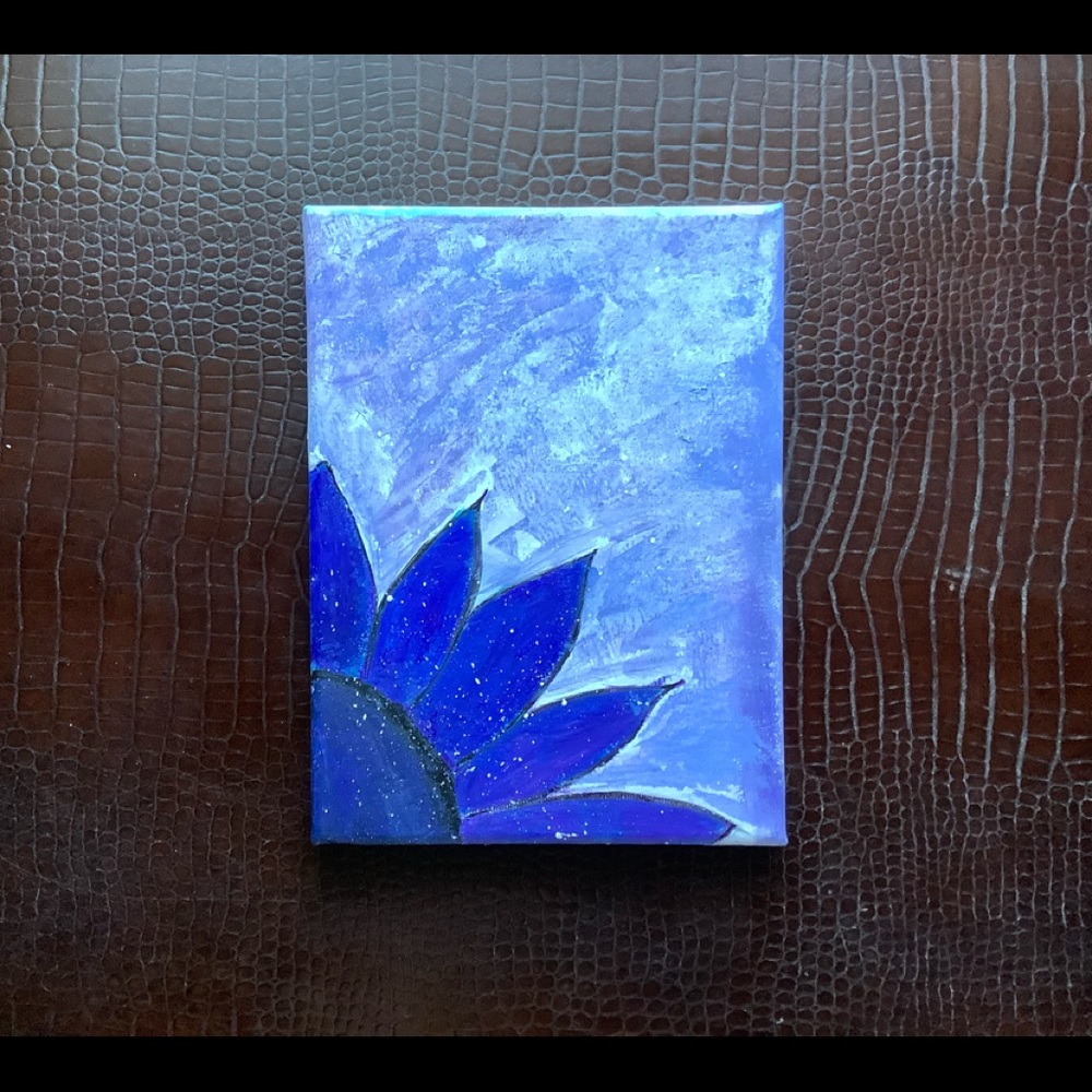 Whimsical Blue flower hand painted on canvas New, Original  2